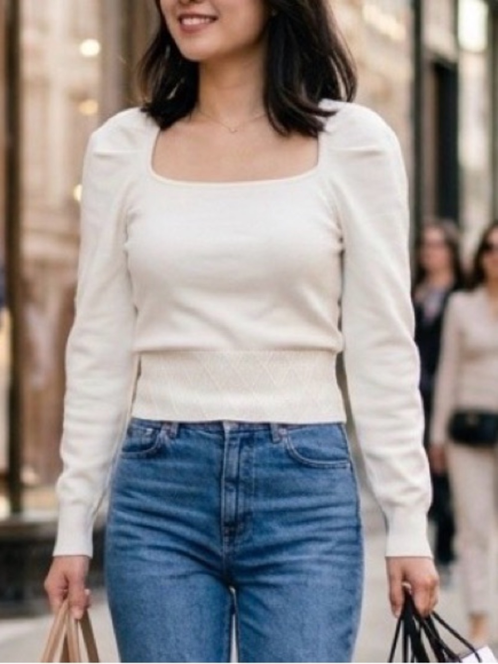 Lush Cream Knit Square-Neck Sweater, Size Small